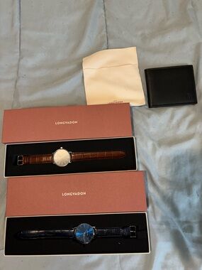 Longvadon Leather Strap Watch Duo - Brown & Navy with leather wallet